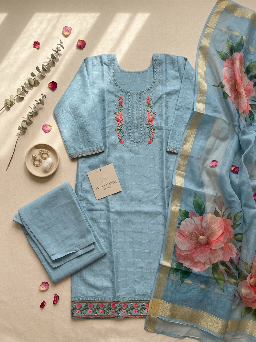 Floral Embroidered Kurta Set with Organza Dupatta