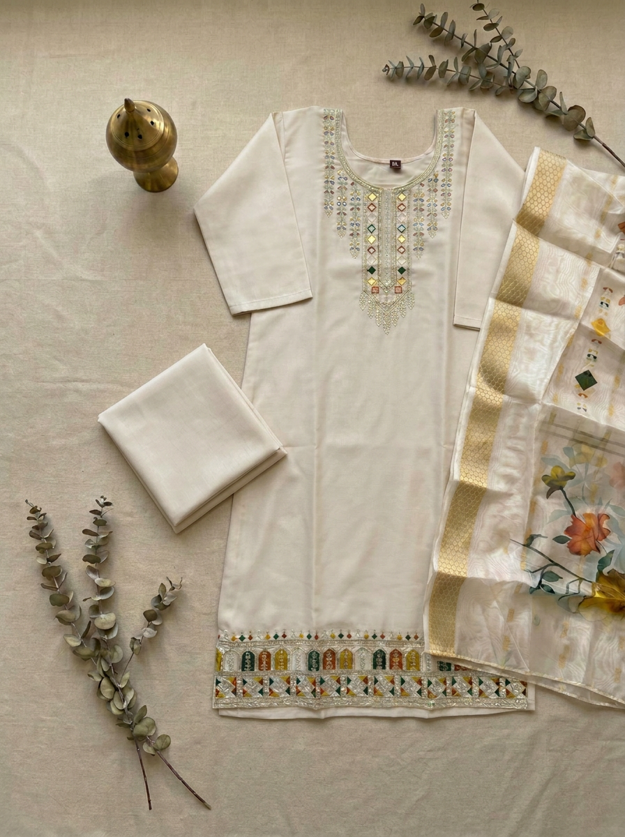 Heritage Embroidered Kurta Set with Organza Dupatta